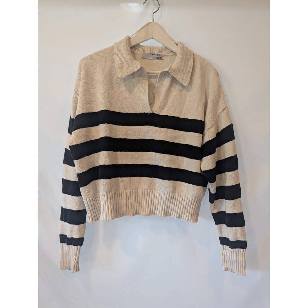 Sophie Rue Women Striped Polo Sweater Cream Black Size Medium Cropped V-Neck